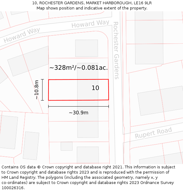 10, ROCHESTER GARDENS, MARKET HARBOROUGH, LE16 9LR: Plot and title map