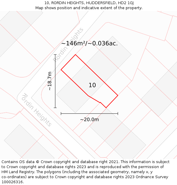 10, RORDIN HEIGHTS, HUDDERSFIELD, HD2 1GJ: Plot and title map