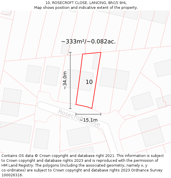 10, ROSECROFT CLOSE, LANCING, BN15 9HL: Plot and title map