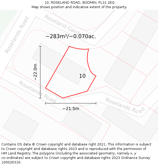 10, ROSELAND ROAD, BODMIN, PL31 2EQ: Plot and title map