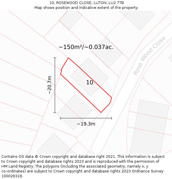10, ROSEWOOD CLOSE, LUTON, LU2 7TB: Plot and title map