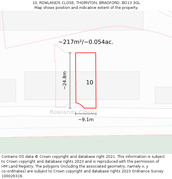 10, ROWLANDS CLOSE, THORNTON, BRADFORD, BD13 3GL: Plot and title map