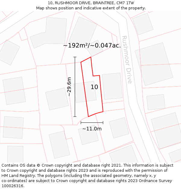 10, RUSHMOOR DRIVE, BRAINTREE, CM7 1TW: Plot and title map
