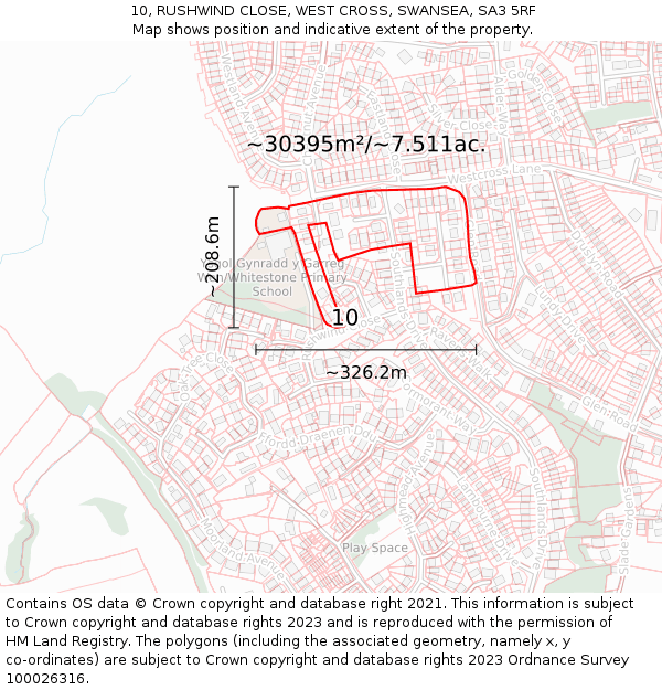 10, RUSHWIND CLOSE, WEST CROSS, SWANSEA, SA3 5RF: Plot and title map