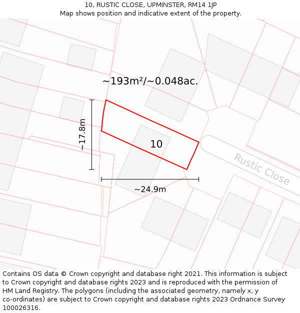 10, RUSTIC CLOSE, UPMINSTER, RM14 1JP: Plot and title map