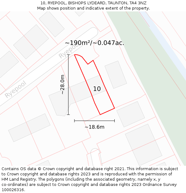 10, RYEPOOL, BISHOPS LYDEARD, TAUNTON, TA4 3NZ: Plot and title map