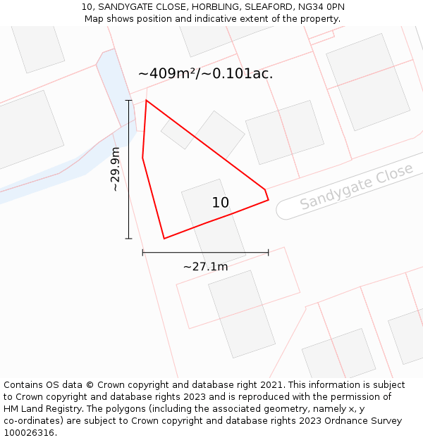 10, SANDYGATE CLOSE, HORBLING, SLEAFORD, NG34 0PN: Plot and title map