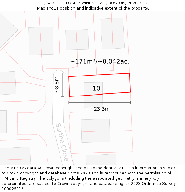 10, SARTHE CLOSE, SWINESHEAD, BOSTON, PE20 3HU: Plot and title map