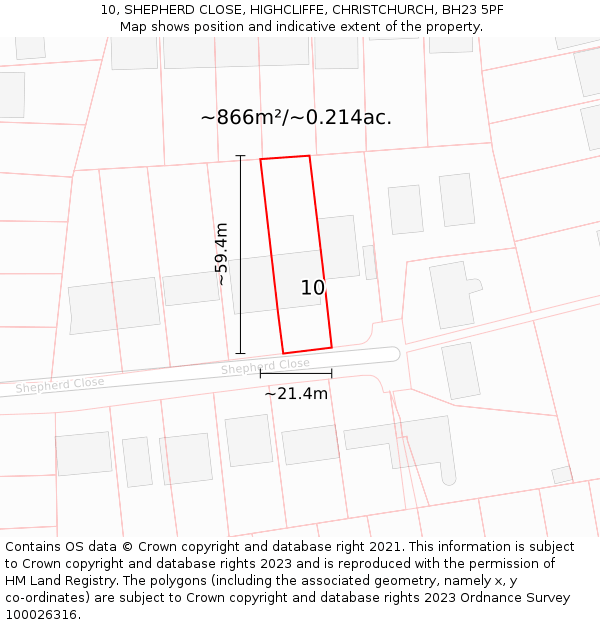 10, SHEPHERD CLOSE, HIGHCLIFFE, CHRISTCHURCH, BH23 5PF: Plot and title map
