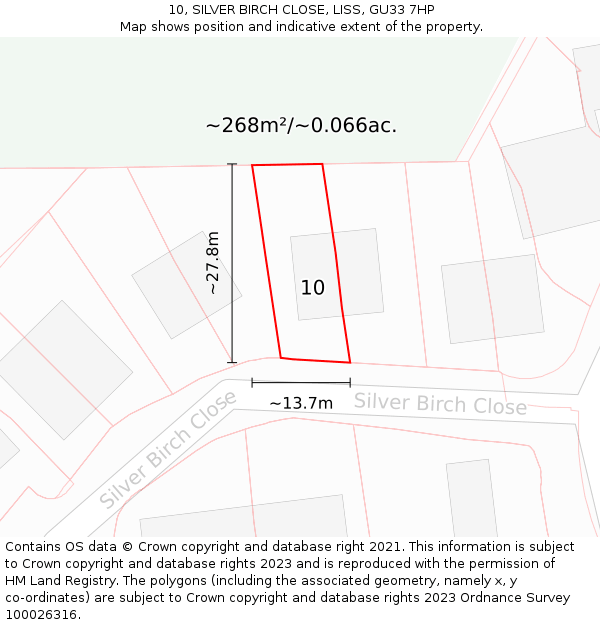 10, SILVER BIRCH CLOSE, LISS, GU33 7HP: Plot and title map