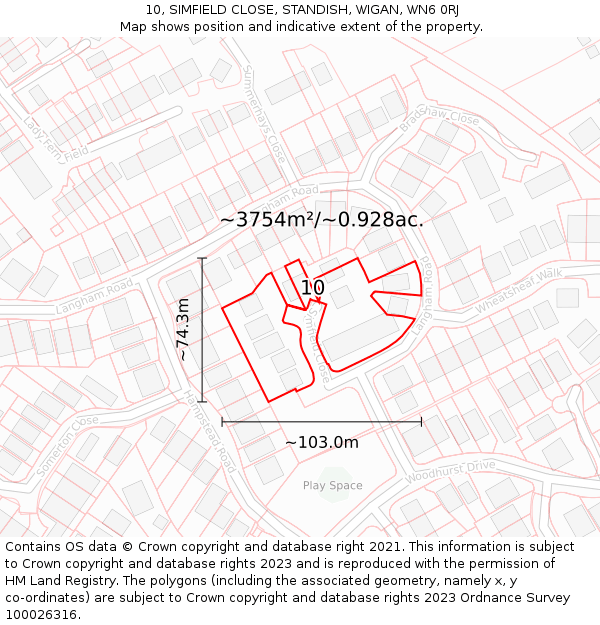 10, SIMFIELD CLOSE, STANDISH, WIGAN, WN6 0RJ: Plot and title map