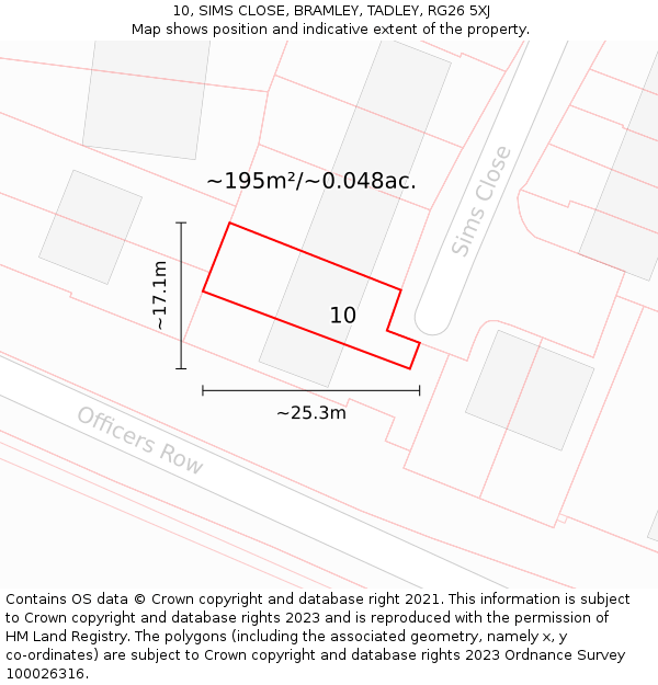 10, SIMS CLOSE, BRAMLEY, TADLEY, RG26 5XJ: Plot and title map
