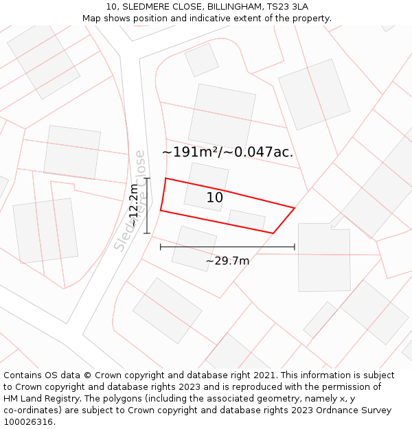 10, SLEDMERE CLOSE, BILLINGHAM, TS23 3LA: Plot and title map