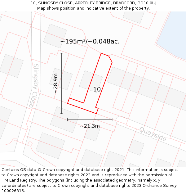 10, SLINGSBY CLOSE, APPERLEY BRIDGE, BRADFORD, BD10 0UJ: Plot and title map