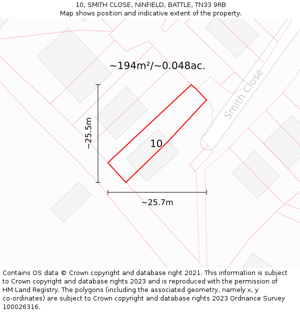 10, SMITH CLOSE, NINFIELD, BATTLE, TN33 9RB: Plot and title map