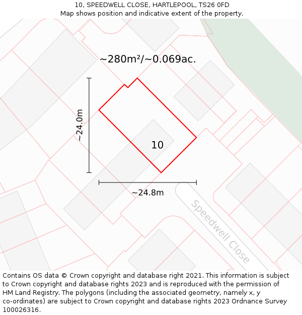 10, SPEEDWELL CLOSE, HARTLEPOOL, TS26 0FD: Plot and title map