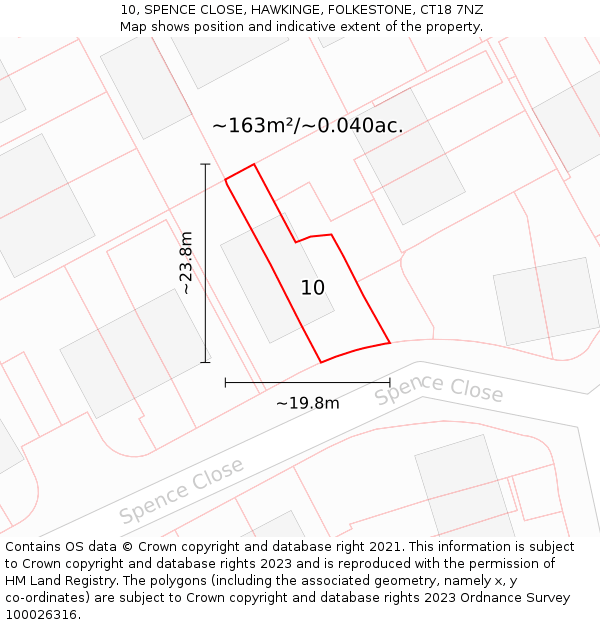 10, SPENCE CLOSE, HAWKINGE, FOLKESTONE, CT18 7NZ: Plot and title map
