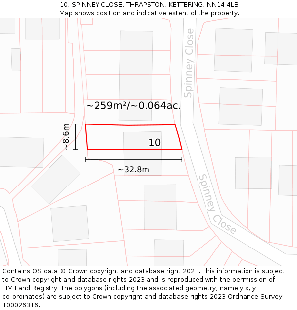 10, SPINNEY CLOSE, THRAPSTON, KETTERING, NN14 4LB: Plot and title map