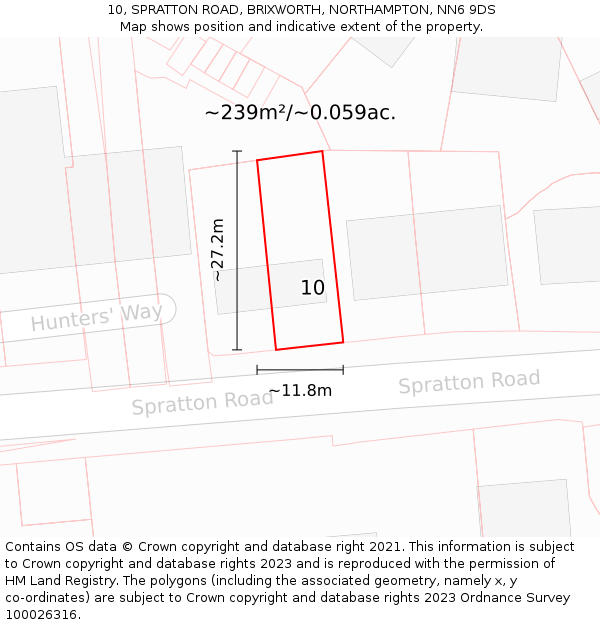 10, SPRATTON ROAD, BRIXWORTH, NORTHAMPTON, NN6 9DS: Plot and title map