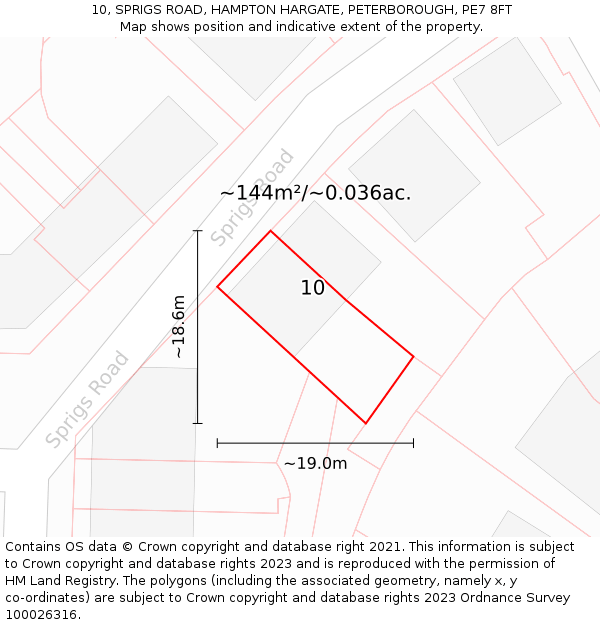 10, SPRIGS ROAD, HAMPTON HARGATE, PETERBOROUGH, PE7 8FT: Plot and title map