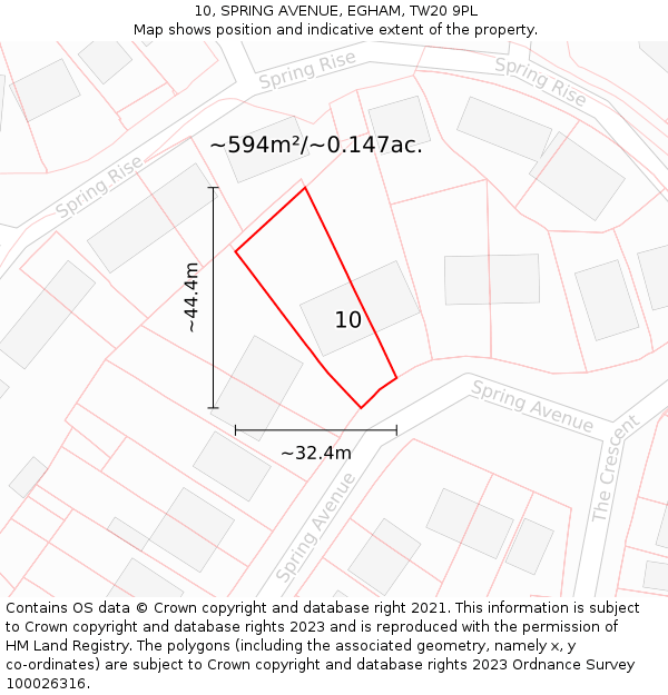 10, SPRING AVENUE, EGHAM, TW20 9PL: Plot and title map