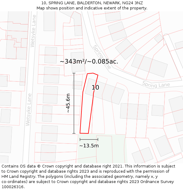 10, SPRING LANE, BALDERTON, NEWARK, NG24 3NZ: Plot and title map