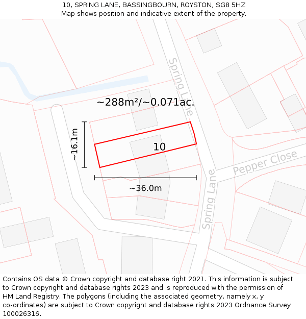 10, SPRING LANE, BASSINGBOURN, ROYSTON, SG8 5HZ: Plot and title map