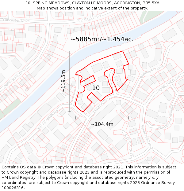 10, SPRING MEADOWS, CLAYTON LE MOORS, ACCRINGTON, BB5 5XA: Plot and title map
