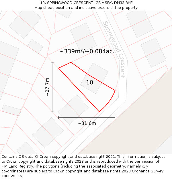 10, SPRINGWOOD CRESCENT, GRIMSBY, DN33 3HF: Plot and title map