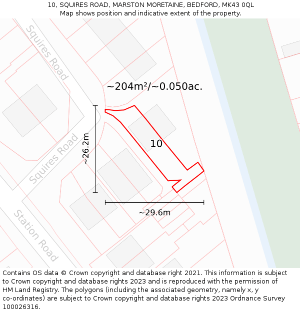 10, SQUIRES ROAD, MARSTON MORETAINE, BEDFORD, MK43 0QL: Plot and title map