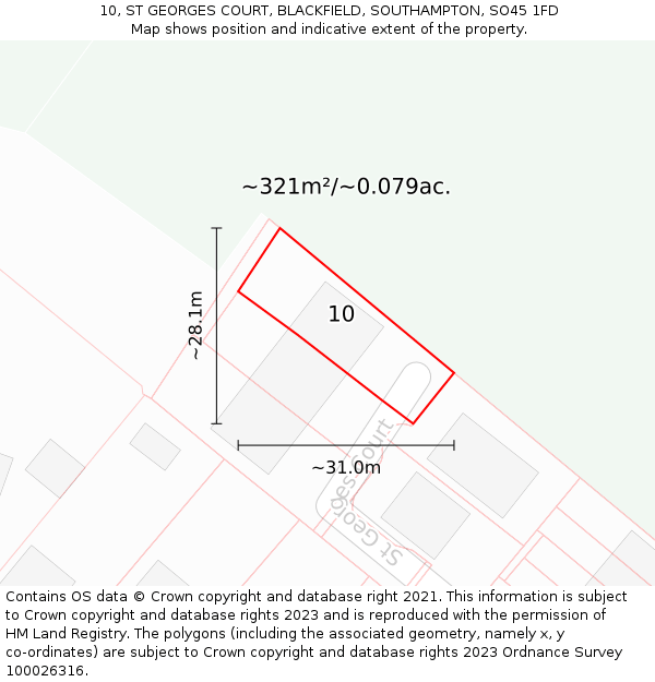 10, ST GEORGES COURT, BLACKFIELD, SOUTHAMPTON, SO45 1FD: Plot and title map