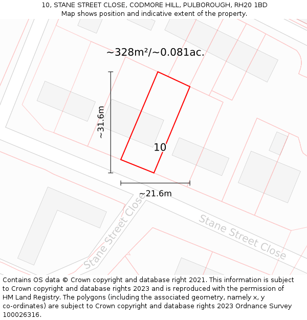 10, STANE STREET CLOSE, CODMORE HILL, PULBOROUGH, RH20 1BD: Plot and title map