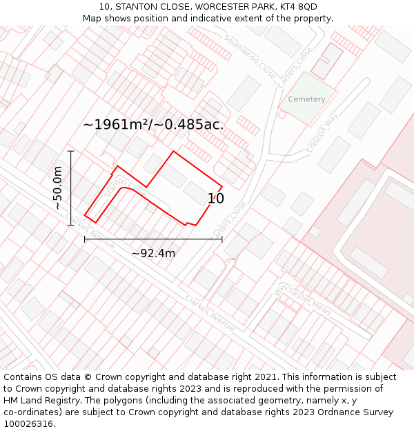 10, STANTON CLOSE, WORCESTER PARK, KT4 8QD: Plot and title map
