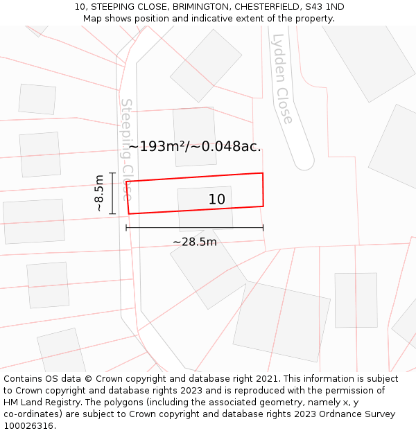 10, STEEPING CLOSE, BRIMINGTON, CHESTERFIELD, S43 1ND: Plot and title map