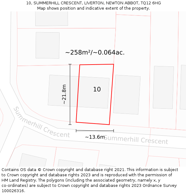10, SUMMERHILL CRESCENT, LIVERTON, NEWTON ABBOT, TQ12 6HG: Plot and title map