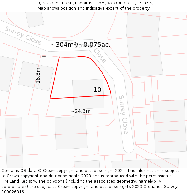 10, SURREY CLOSE, FRAMLINGHAM, WOODBRIDGE, IP13 9SJ: Plot and title map