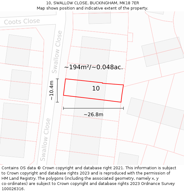10, SWALLOW CLOSE, BUCKINGHAM, MK18 7ER: Plot and title map