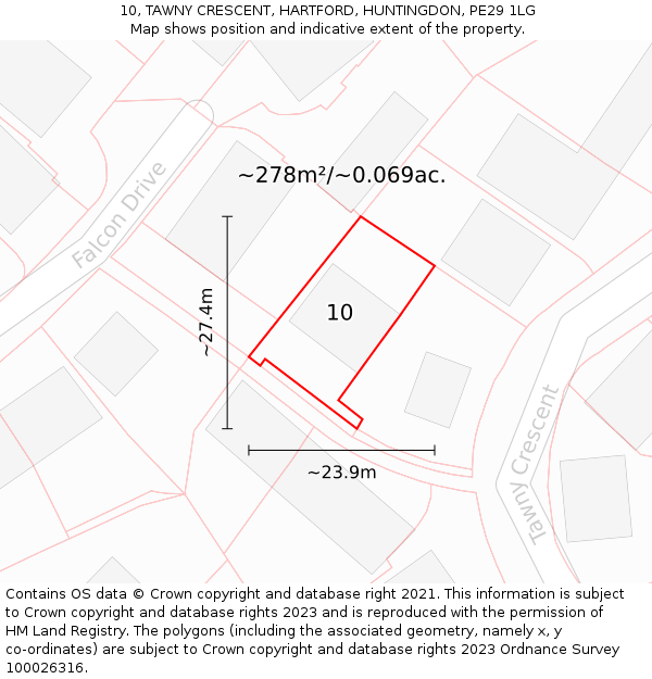10, TAWNY CRESCENT, HARTFORD, HUNTINGDON, PE29 1LG: Plot and title map