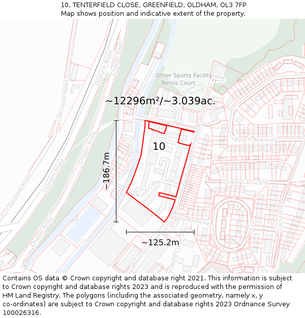 10, TENTERFIELD CLOSE, GREENFIELD, OLDHAM, OL3 7FP: Plot and title map