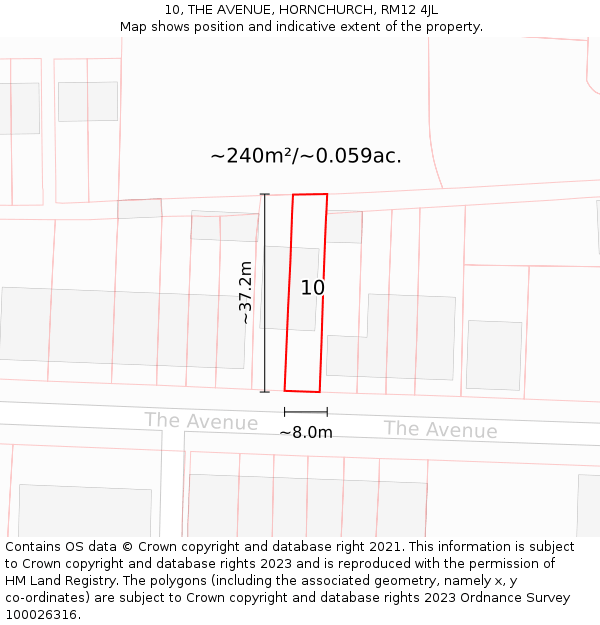 10, THE AVENUE, HORNCHURCH, RM12 4JL: Plot and title map