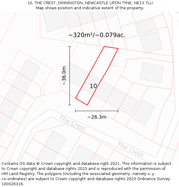 10, THE CREST, DINNINGTON, NEWCASTLE UPON TYNE, NE13 7LU: Plot and title map