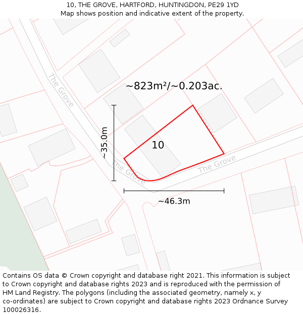 10, THE GROVE, HARTFORD, HUNTINGDON, PE29 1YD: Plot and title map