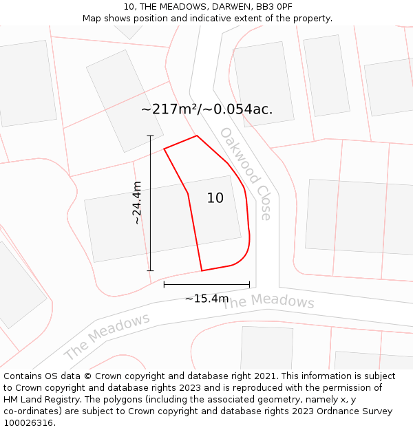 10, THE MEADOWS, DARWEN, BB3 0PF: Plot and title map