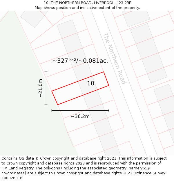 10, THE NORTHERN ROAD, LIVERPOOL, L23 2RF: Plot and title map