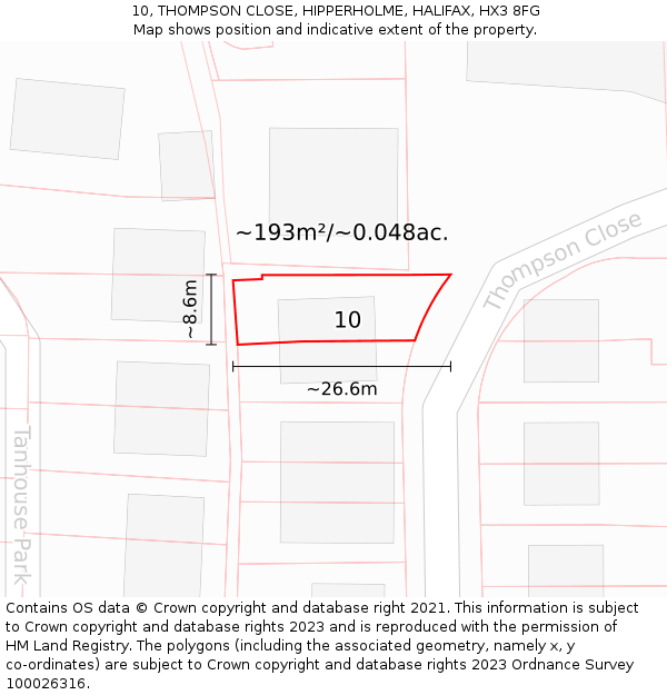 10, THOMPSON CLOSE, HIPPERHOLME, HALIFAX, HX3 8FG: Plot and title map