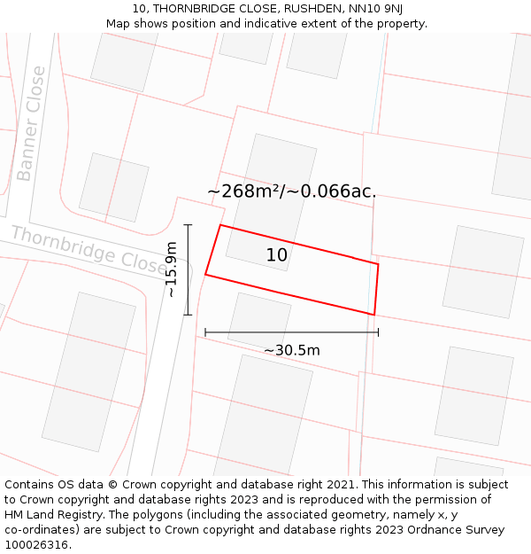 10, THORNBRIDGE CLOSE, RUSHDEN, NN10 9NJ: Plot and title map