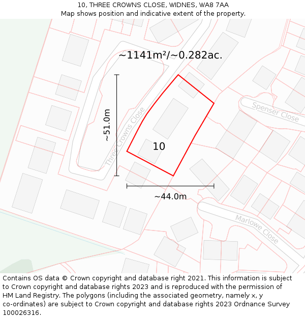 10, THREE CROWNS CLOSE, WIDNES, WA8 7AA: Plot and title map