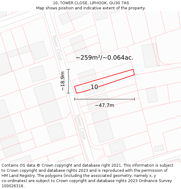 10, TOWER CLOSE, LIPHOOK, GU30 7AS: Plot and title map