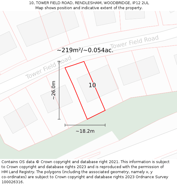 10, TOWER FIELD ROAD, RENDLESHAM, WOODBRIDGE, IP12 2UL: Plot and title map