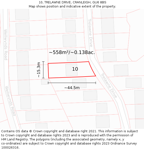 10, TRELAWNE DRIVE, CRANLEIGH, GU6 8BS: Plot and title map